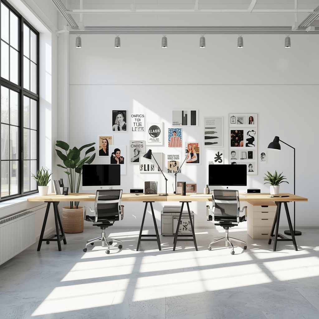 Generate a photorealistic image of a modern minimalist design studio workspace with abundant natural light, sleek computers, and creative mood boards on the wall